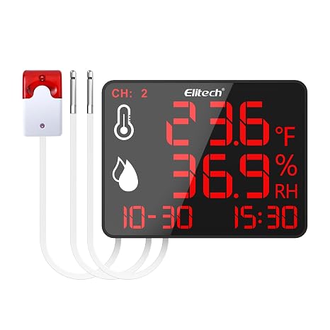 Elitech Bluetooth Hygrometer Thermometer Reusable Temperature Recorder Data Logger Temperature Humidity with Large Screen Data Storage Export, DR-230-THDE with External Alarm