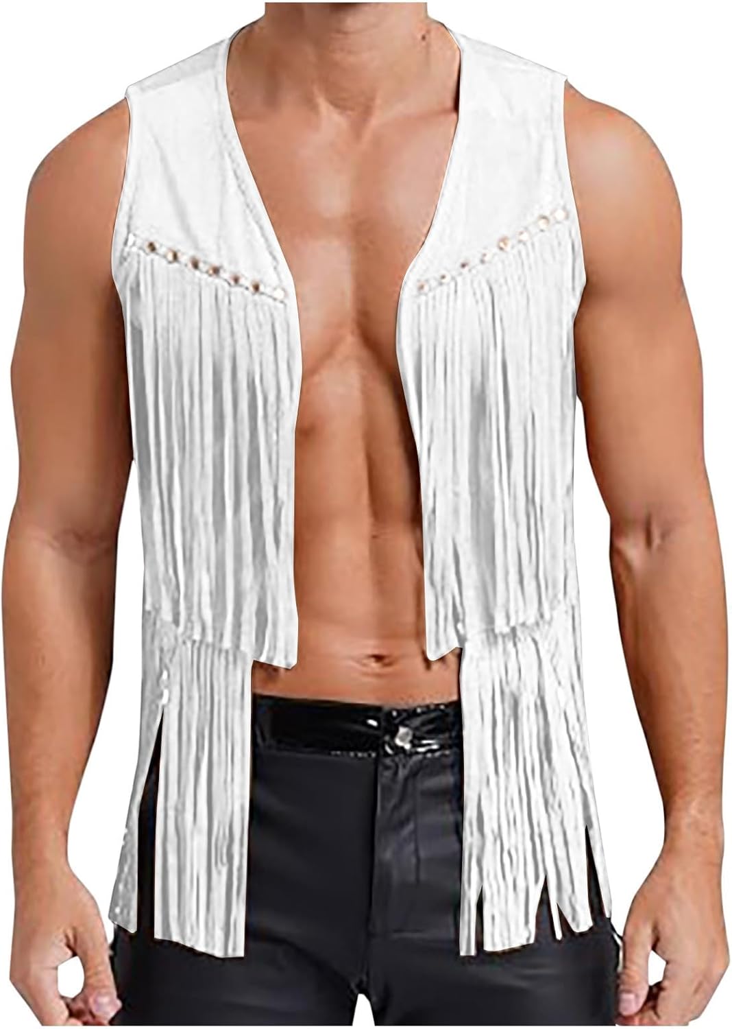 Mens Sleeveless V Neck Fringe Trim Open Front Studded Cowboy Western Hippie Faux Suede Vest Jacket Tassel Tops