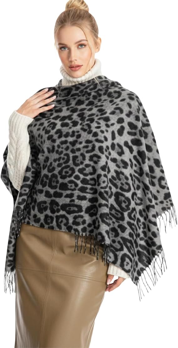 Barelove Leopard Print Scarf, Women's Chunky Winter Scarves, Warm Thick Oversized Blanket, Long Faux Cashmere Fringe Pashmina