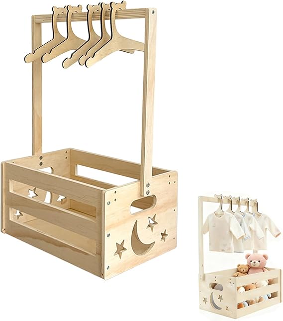 Portable Baby Shower Crate Box,Wood Baby Storage Crate with Handle & 5 Hangers for child Shower Pregnancy New Parent Gifts