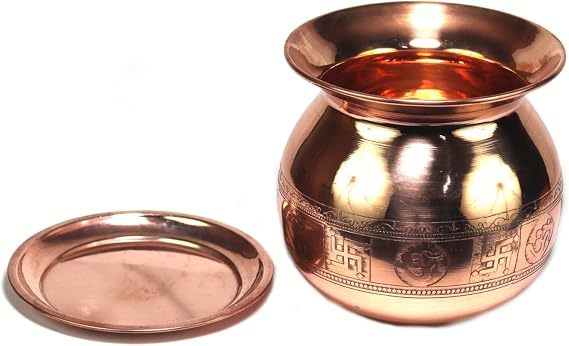 ASHIRWAD Pure Copper Embossed Lota Kalash for Pooja Prayer with Om Swastik Signs Arti Puja Pot Sizes for New Home | AE000182-09 (1.0 L with Lid)