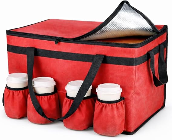 Bodaon Insulated Food Delivery Bag with 4 Cup Holders, XXL Pizza Cooler Bags, Rideshare Delivery Bag, Thermal Cold/Hot Styrofoam Carrier for Catering/Shopping/Travel/Car, Warmer/Frozen