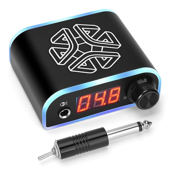 ATOMUS Tattoo Power Supply with Tattoo Pedal Colorful Light Power Cable for Tattoo Machine Pen Liner and Shader (Black)