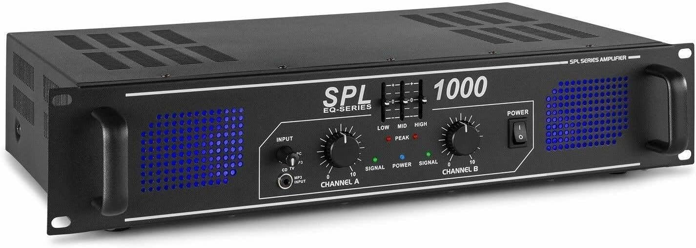 SkyTec SPL1000 PA Amplifier Power Amplifier 1000 Watt with 3 Band Equalizer 3 Channel Input CHIN AUX Ideal for DJ Boxes Clubs Bars and Catering Black