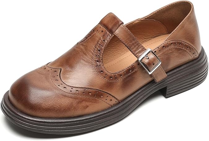 Women's Retro Oxfords Low Heel T-Strap Brogue | Soft Leather Round Toe Dressy Loafers With Adjustable Buckle, Ideal For Office Business Daily Wear
