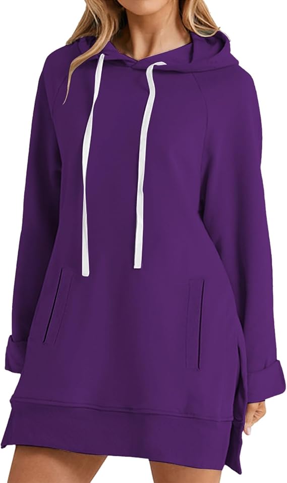 Warmy Oversized Hoodie Dress for Women Cute Sweatshirts Pullover Split Hem Drawstring Long Sweatshirt with Pocket