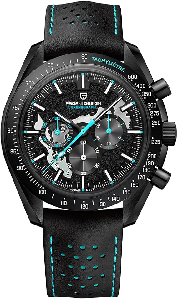 Pagani Design 1779 Luxury Men's Quartz Watch Moon Chronograph Skeleton AR Synthetic Sapphire VK63 Movement Leather Strap Waterproof Sport Watch Full Black