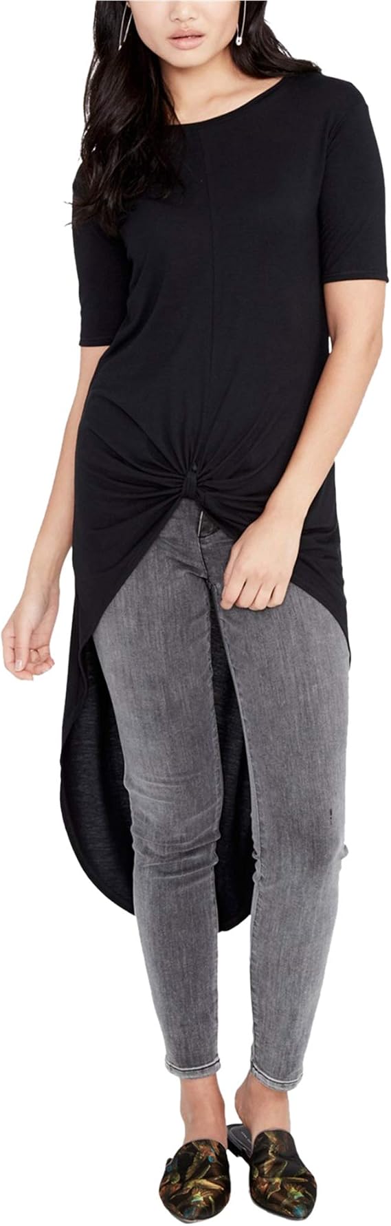 Rachel Roy Womens High-Low Twist-Front Basic T-Shirt, Black, Small