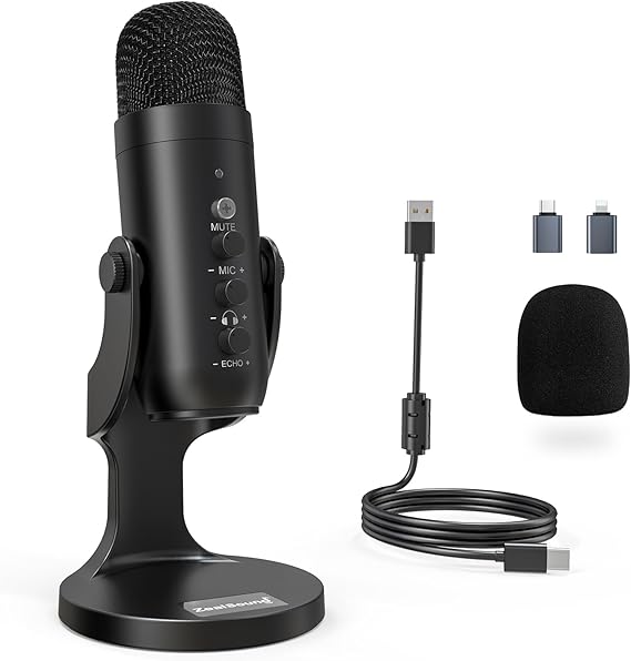 zealsound USB Kondensator Mikrofon für PC Laptop Handy Plug & Play Tischmikrofon mit Rauschunterdrückung Mute Gain & Echo für Gaming Streaming Podcast ASM & Aufnahmen k66 Schwarz