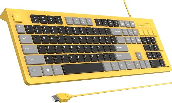 COLIKES Computer Keyboard Wired Plug and Play USB Keyboard Low Profile Chiclet Key Large Number Pad Cap Indicator Foldable Stand Spill Proof Wear-Resistant Letters Full Size Yellow