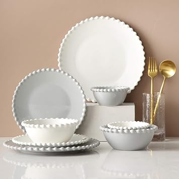 Ceramics Dinner Sets,22 Pieces Creativity Pearl Edge Porcelain Dinnerware Set|Steak Plate and Cereal Bowl for Family Gathering and Wedding Gifts