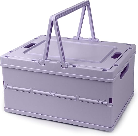 Collapsible Storage Crate,Plastic Storage Box, Purple | Stackable Collapsible Storage Box with Lid, Folding Plastic Basket with Handle for Home Kitchen Office Desk Cabinet Shelf