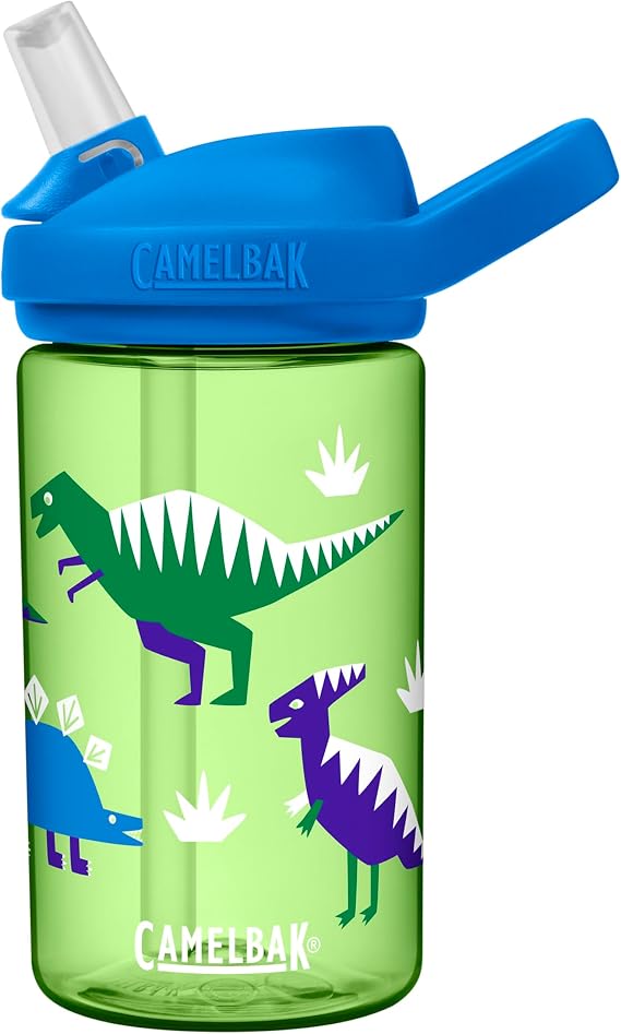 CamelBak Eddy+ Kids Bite Valve Water Bottle 14oz, Hip Dinos | Bite Valve Straw System, Spill Resistant Design, Lightweight Durable Bottle, Integrated Carry Handle