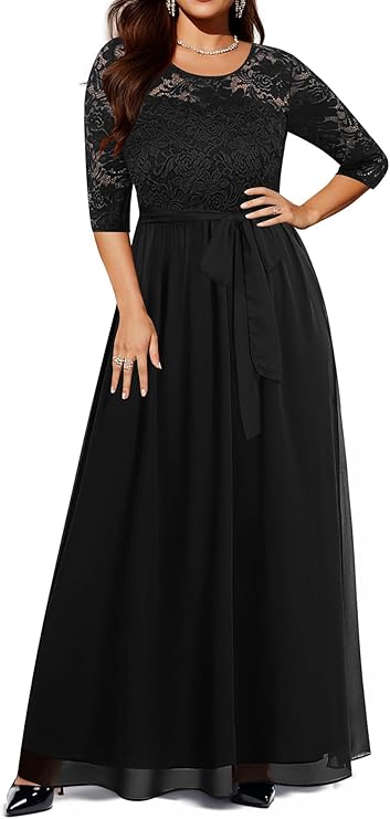 Plus Size Formal Dresses - Women Evening Gown Lace 3/4 Sleeve Wedding Bridesmaid Chiffon Maxi Long Dress