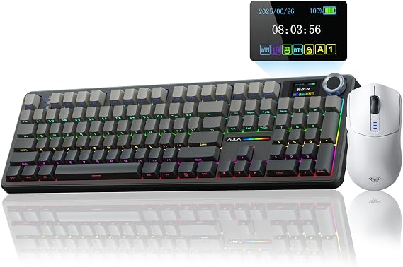 AULA F108 PRO Wireless Mechanical Keyboard with Screen & Knob SC580 Tri-Mode Gaming Mouse(White)