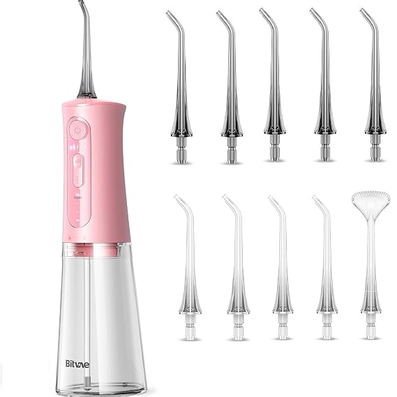 Bitvae C5 Water Dental Flosser with 10 Nozzles, 3 Modes 5 Intensities Cordless Water Teeth Cleaner Picks with Replacement Nozzles Bundle,Pink
