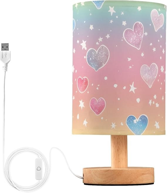 Mnsruu Bedside Table Lamp Rainbow Girly Glitter Hearts Bedside Lamps LED Light Desk Lamp Fabric Shade Small Lamp for Bedroom Living Room (Bulb Included)