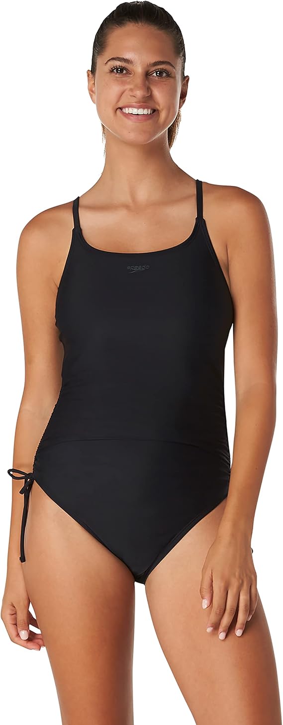 Speedo Women's Women's Swimsuit One Piece Powerflex Shirred Thin Strap Contemporary Cut