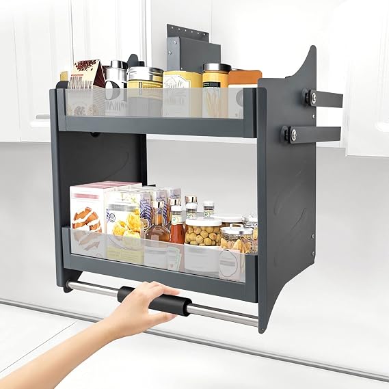 Pull Down Cabinet Organizer, 2-Tier Pull Down Shelf, Heavy-Duty Pull Down Spice Rack, Upper Kitchen Wall Cabinet Storage Organizer, for Kitchen Appliance(24inch Cabinet) (style1)