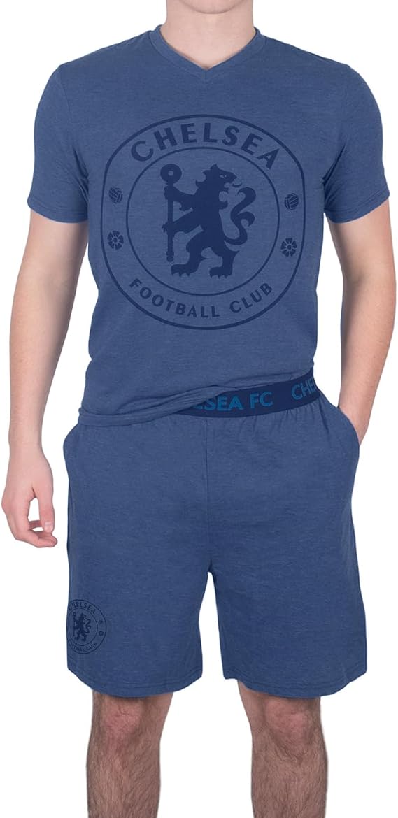 Chelsea FC Official Soccer Gift Mens Loungewear Short Pajamas Blue Marl Small