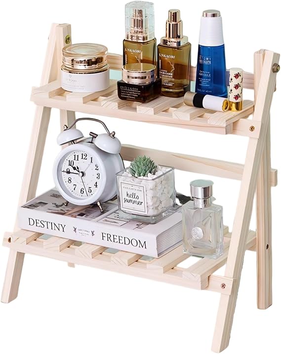 2 Tier Foldable Ladder Plant Stand Desktop Shelf Organizer Rack Wooden Display Risers For Selling L 13.3 x H 13.8 x D 7.1 in(DIY)