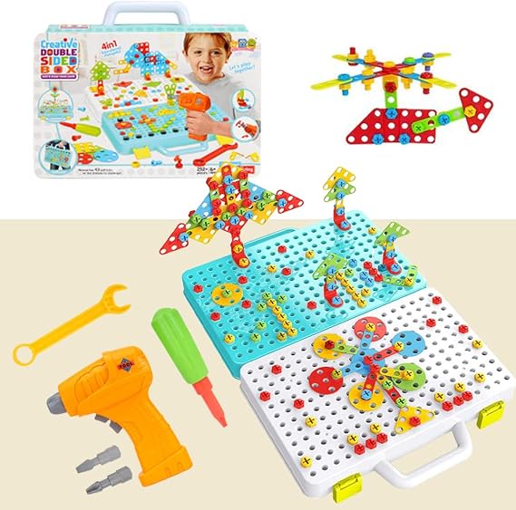 252PCS Construction Toys Drill Design Puzzle Creative Electric Screwdriver Building Take Apart Blocks Kids Drill Set DIY STEM Educational Set With Storage Box For Kids, Boys and Girls