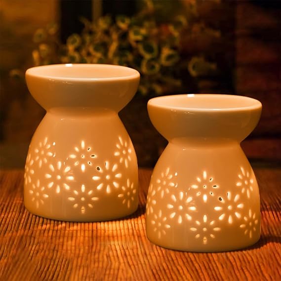 Wax Melt Essential Oil Burner, Ceramic Aroma Burners Assorted Wax Warmer Aromatherapy Tarts Holder Candle Scented Diffuser, Valentines Day Hollowed Out Aromatherapy Stove(No Candle Holder (White-1)