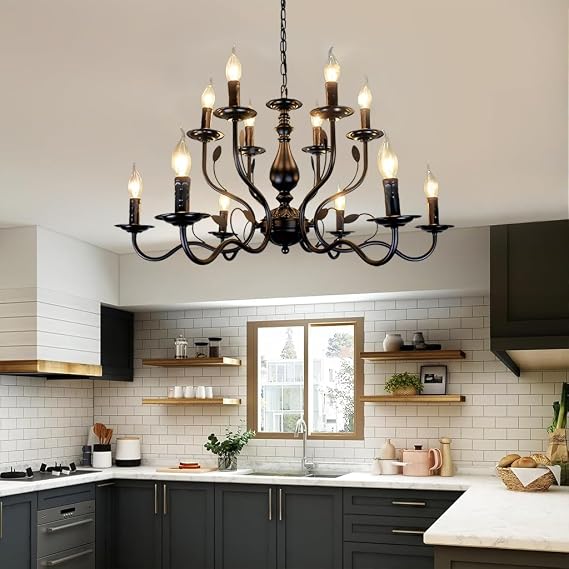Pendant Lamp French Country Chandelier 6 Light Black Candle Style Pendant Light Vintage Metal Pendant Hanging Lamp Ceiling Pendant Lighting Fixture for Dining Table Island Kitchen Living Room [Energy Class A++]