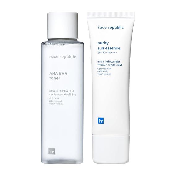 Face Republic Exfoliate & Protect - AHA/BHA Toner + Purity Sun Essence | Pore Refining, Clarifying Toner | SPF 50+ Broad Spectrum UV Sunscreen | Vegan Korean Skin care