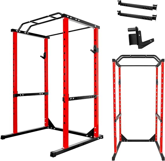 Power Cage, Power Rack with Dual Independent Pulley System, 1200lbs Loading Power Cage, Heavy-Duty Steel Frame Bench Press Rack with Pull-Up Bar & J-Hooks, for Full-Body Workouts