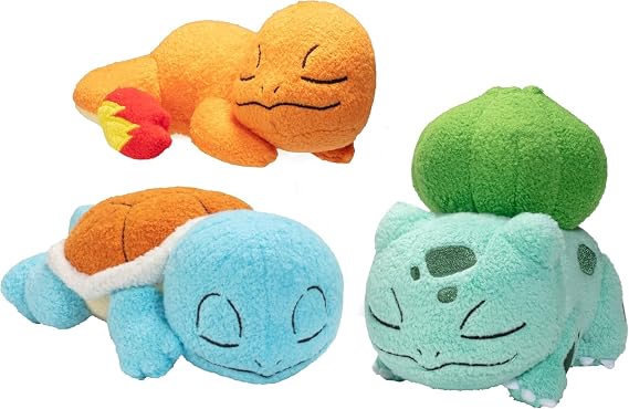 Pokemon 5" Sleeping Squirtle, Charmander, Bulbasaur Starter Plush 3-Pack - Officially Licensed - Authentic Soft Stuffed Animal Toy Figure Set - Easter Basket Stuffer Gift for Kids, Boys, Girls - 2+