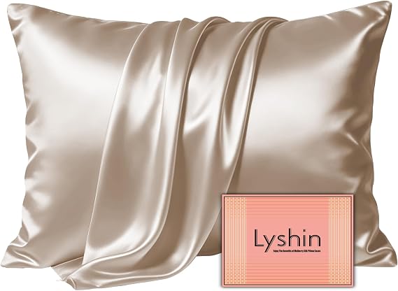 LYSHIN Silk Pillow Cases Standard Size with Hidden Zipper, Champagne | 19 Momme Mulberry Silk Pillowcase for Skin and Hair, Anti-Acne, Hypoallergenic, Cooling, Beauty Sleep, Gifts for Women
