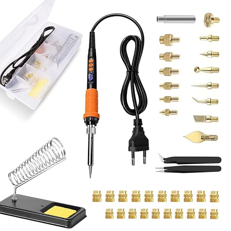 Threaded Insert Soldering Tips Kit M3 Thread Inserts for 3D Printing 90W Power 180-480°C Digital Temp Control 8 M2-M8 Brass Spatulas Includes M3 Inserts & Box