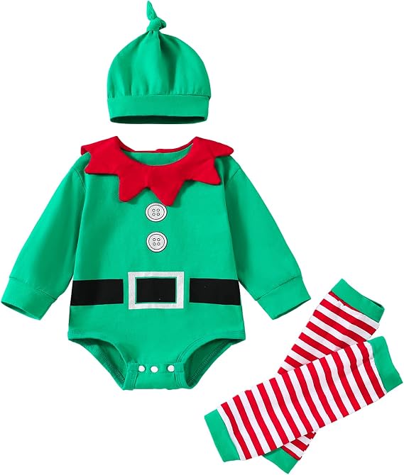 Newborn Infant Baby Girl Christmas Outfit Long Sleeve Santa Romper+Leg Warmers+Hat 3pcs Clothes Set