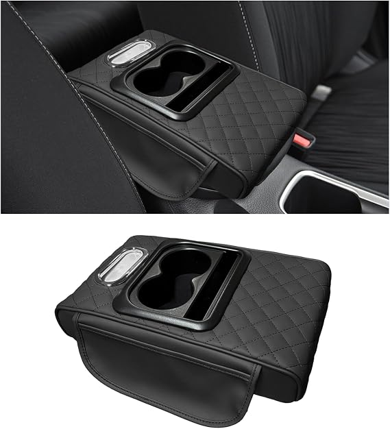 Car Center Console Armrest Pillow, Leather Arm Rest Cover Pad with 2 Storage Pockets Cup Holder & Phone Slot, Soft Middle Console Cushion Protector for Most Vehicles (Black, Embroidered)