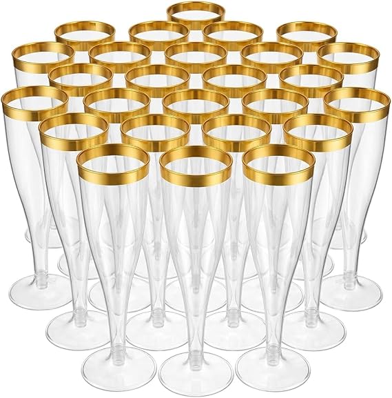 100 Pack Disposable Champagne Flutes, 4.5 Oz Gold Rim BPA-Free Shatterproof Plastic Champagne Glasses, Clear Mimosa Cups for Wedding Birthday Party Bridal Shower, Heavy Duty Recyclable Bulk - Oojami