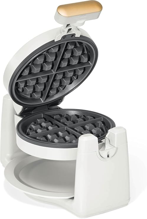 Rotating Belgian Waffle Maker, Black, by Drew Barrymore Flower, Makes 1-Inch Thick Waffles, Stainless Steel (White Icing)