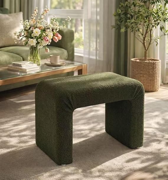 Modern Boucle Ottoman Footstool, 24" Arched Upholstered Vanity Stools, Small Foot Rest for Entryway, Living Room, Bedroom (Fully Assembled),Dark Green
