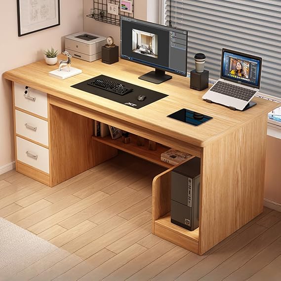 LITFAD Computer Desk Wood Office Desk with Keyboard Tray, Locking Drawer and CPU Cabinet, Modern Executive Table Simple Writing Table for Home Office, Natural Finish, 3 Drawers, 47" L x 19" W x 28" H