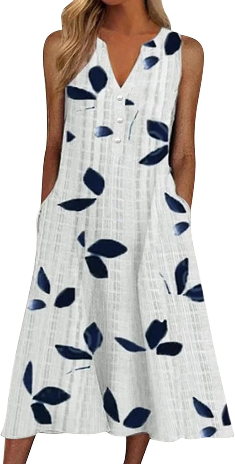 Women Casual Leaves Print Button V Neck Sleeveless Pocket Long Dress Holiday Dress Formal Dress
