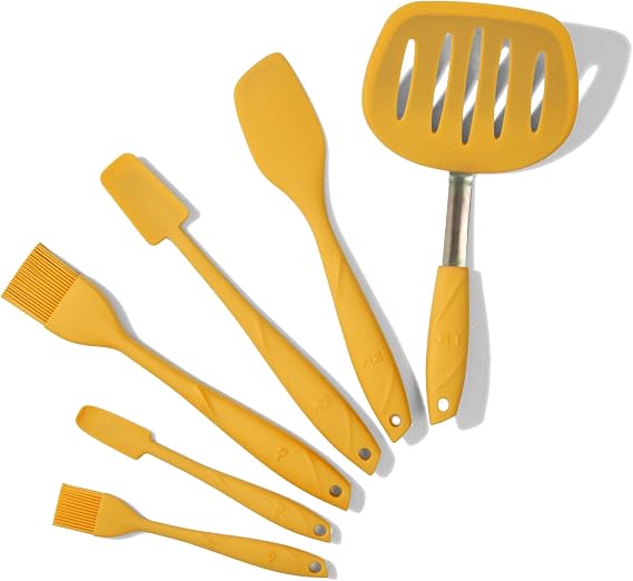 Kitchen Mama WaltzGrip Silicone Utensil Set: 6-Piece Spatula, Basting Brushes, Pancake Turner for Nonstick Cookware - Heat-Resistant, Dishwasher-Safe, Perfect for Baking (Yellow)