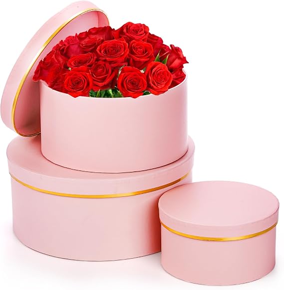 Coloch 3 Pcs Round Gift Boxes with Lid, Pink Flower Box with Golden Rim Nested Party Favor Boxes for Flower Arrangement, Birthday, Wedding, Christians, Anniversary, Pink, 3 Sizes