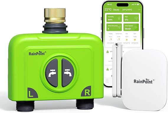 RAINPOINT Irrigation Computer WLAN 2 Outputs with Antenna Gateway and Brass Inlet Smart Irrigation Control with APP/Voice Control IP65 Garden Automatic Irrigation System 2 x 6 Schedules