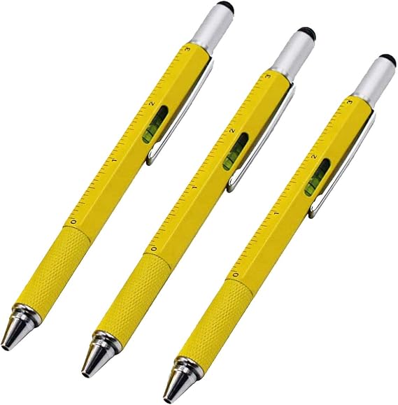 Stylus Pen, 7-in-1 Multi-Tool Pen [Touchscreen Stylus, Ballpoint Pen, Ruler, Level, Phillips Screwdriver and Flathead (3 Pack Yellow)