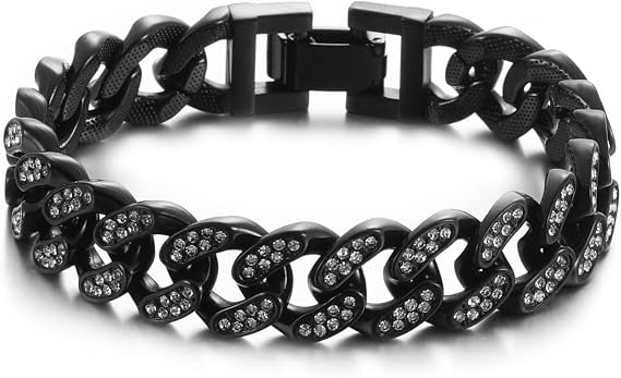 Men's Bracelets Silver/Gold/Black Hip Hop Cuban Bracelet 13.5mm Stainless Steel Iced Out Cuban Link Bracelet Length 19/21/23cm High Polished Cubic Zirconia Cuban Bracelet for Men Women