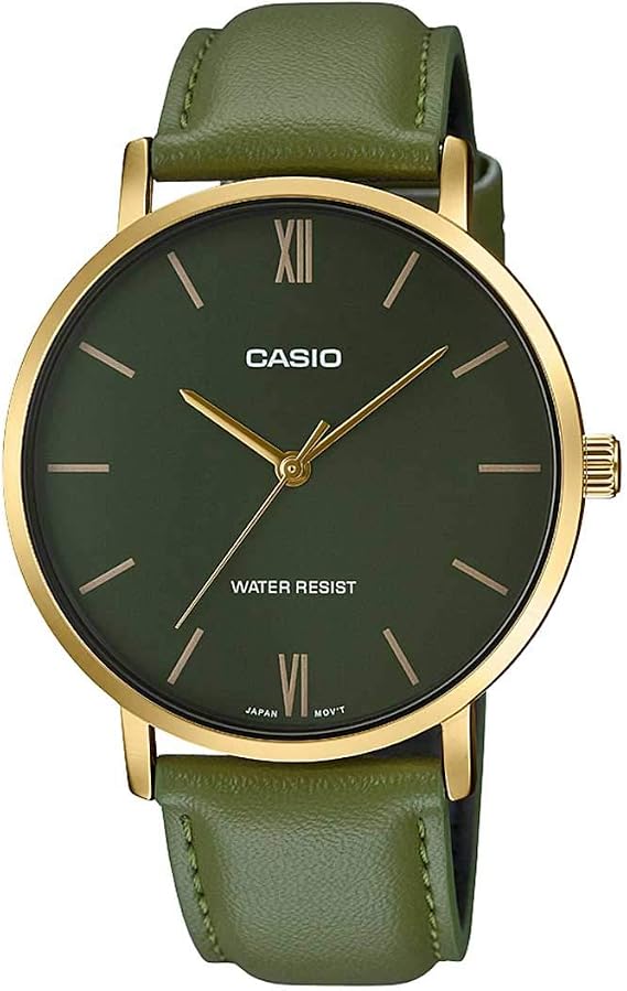 Casio MTP-VT01GL-3B Men's Minimalist Gold Tone Green Leather Band Green Dial 3-Hand Analog Watch
