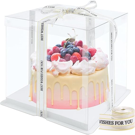 Hileyu Transparent Cake Box Plastic Gift Box with Lids Double Layer Cake Box Transparent Cube Box with Ribbon Base Bakery Packaging Box for Dessert 6 Inch