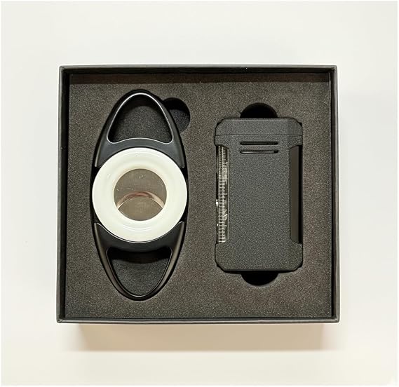 Visol Cigar Gift Set Bullseye White Double Guillotine Cutter & Vinson Flat Torch Lighter (Black) Personalized Engraving on Lighter