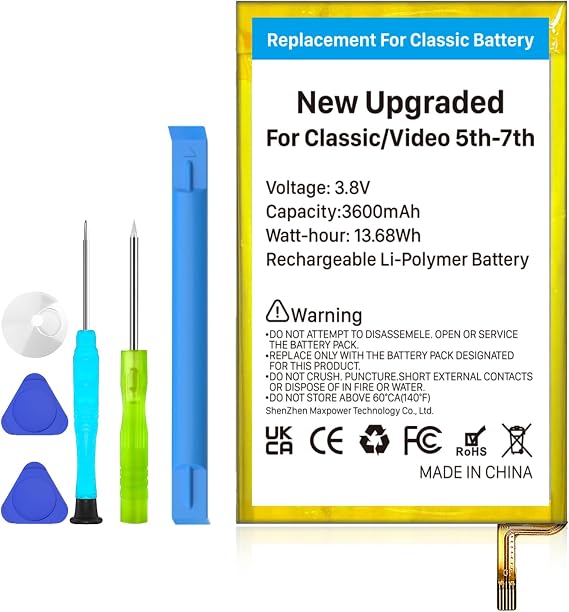 Battery Replacement for iPod Classic/Video, (2026 New Upgrade) 3600mAh Ultra High Capacity Lithium Polymer Battery Compatible with iPod Classic/Video 5th-7th