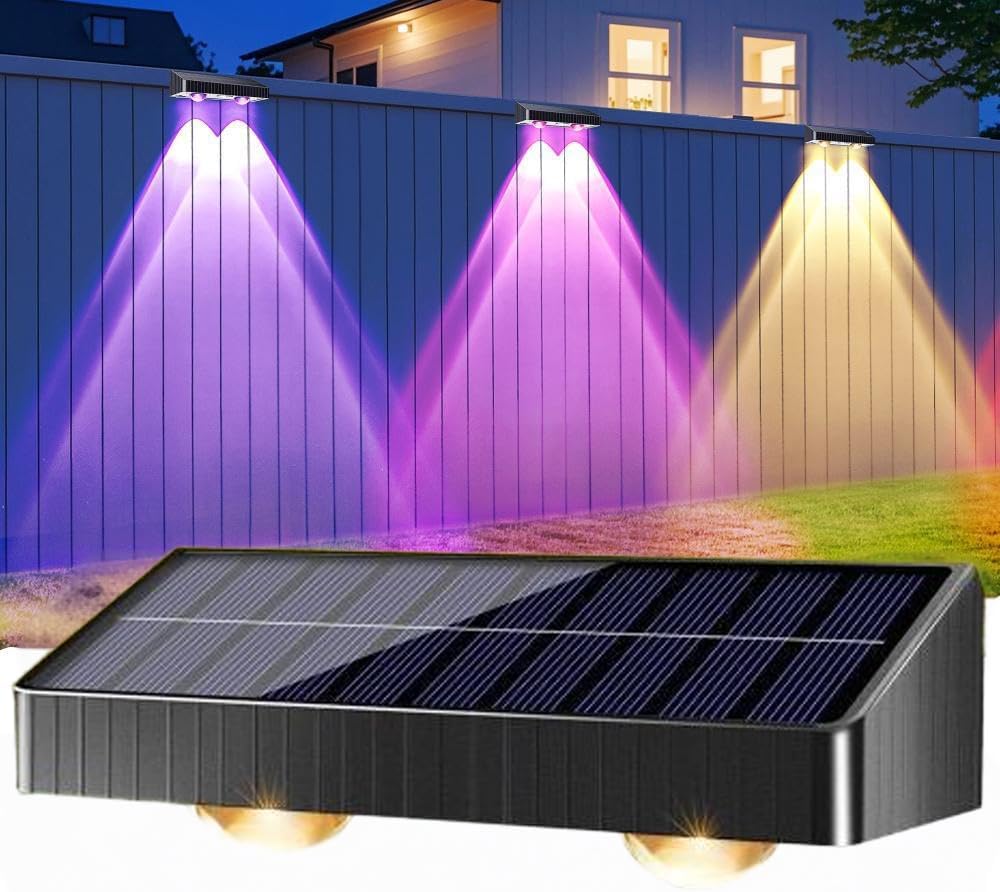 BrizLabs 1 Pack Solar Fence Lights Outdoor, 9 Colors & 11 Modes Color Changing Deck Lights, 250lm Warm White Fence Deck Lighting IP65 Waterproof Solar Wall Light for Outside Backyard Stair Railings